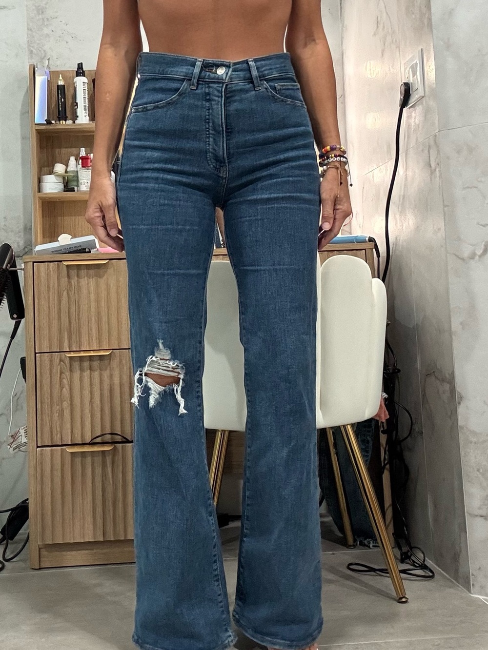 Express Dark Blue High-Rise Distressed Flare Jeans